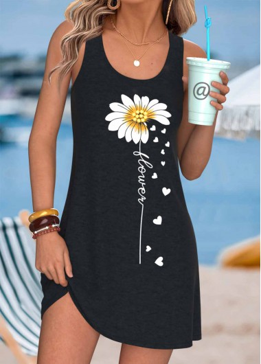 women clothes image of Black Daisy Print Short Tummy Coverage Sleeveless Dress