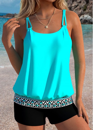 women clothes image of Cyan Tummy Coverage Tribal Print Tankini Top