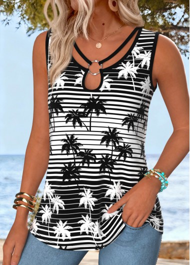 women clothes image of Black Tropical Plants Print Tummy Coverage Sleeveless Tank Top