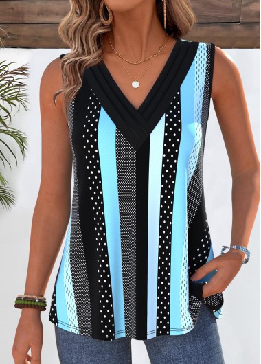 women clothes image of Blue Striped Sleeveless V Neck Tank Top