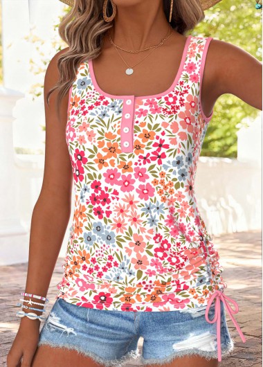 women clothes image of Pink Floral Print Button Sleeveless Square Neck Tank Top