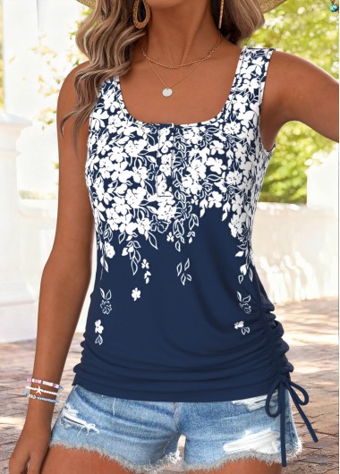 women clothes image of Navy Floral Print Button Sleeveless Square Neck Tank Top