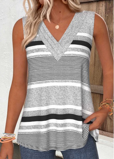women clothes image of Light Grey Striped Tummy Coverage Sleeveless Tank Top