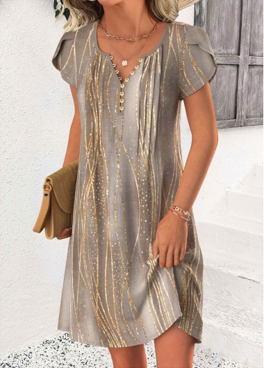 women clothes image of Gray Brown Ombre Short Tummy Coverage Split Neck Dress