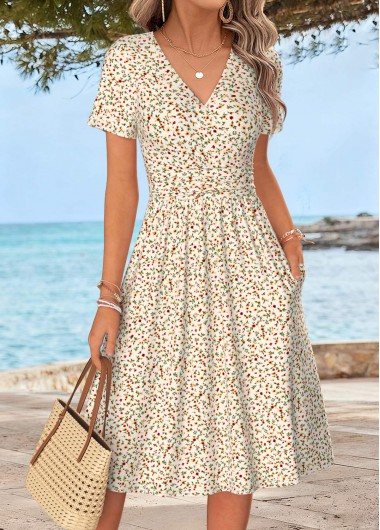 women clothes image of Multi Color Ditsy Floral Print Tummy Coverage Dress