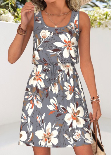 women clothes image of Grey Floral Print Short Tummy Coverage Sleeveless Dress