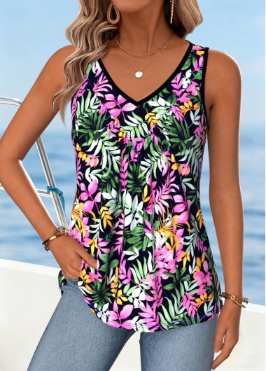 women clothes image of Multi Color Floral Print Tummy Coverage Sleeveless Tank Top