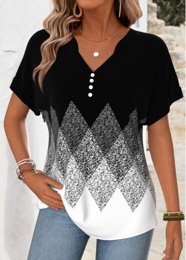 women clothes image of Black Geometric Print Tummy Coverage Short Sleeve T Shirt
