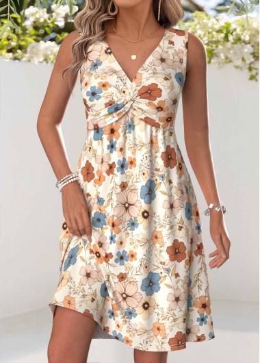women clothes image of Beige Floral Print Short Tummy Coverage Sleeveless Dress