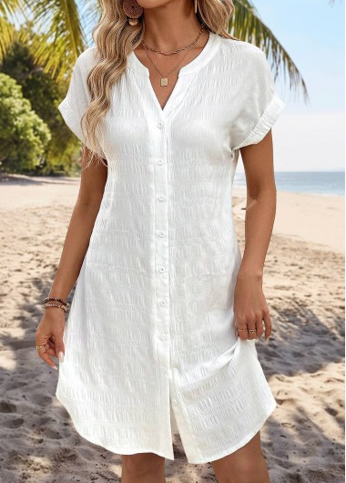 women clothes image of White Tummy Coverage Short Sleeve Split Neck Dress