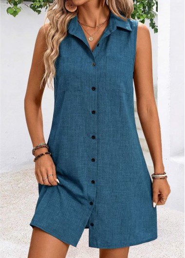 women clothes image of Peacock Blue Short Tummy Coverage Sleeveless Shirt Collar Dress