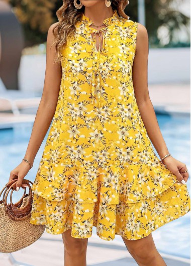 women clothes image of Yellow Floral Print Short Tummy Coverage Sleeveless Dress