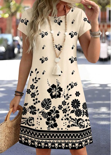 women clothes image of Beige Random Floral Print Tummy Coverage Short Sleeve Dress