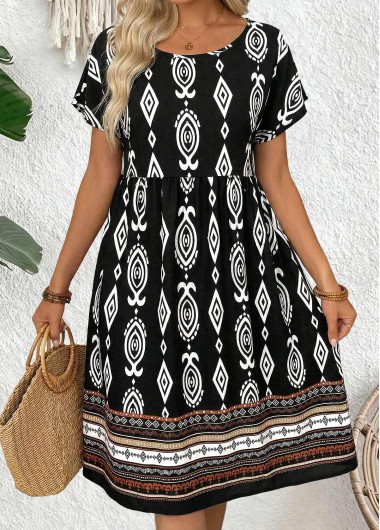 women clothes image of Black Tribal Print Shirred Short Sleeve Round Neck Dress