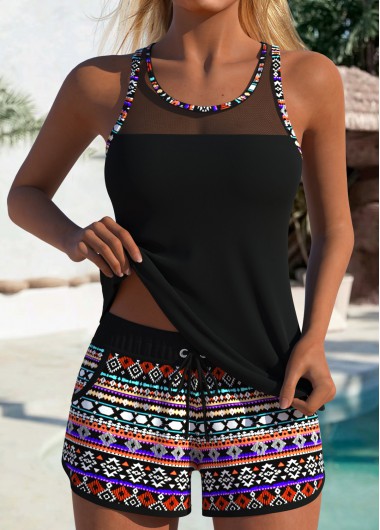 women clothes image of Black Mid Waisted Tummy Coverage Tribal Print Tankini Set