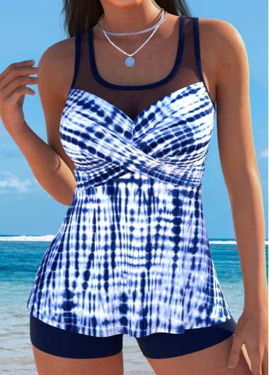 women clothes image of Dark Blue Mid Waisted Tummy Coverage Striped Tankini Set
