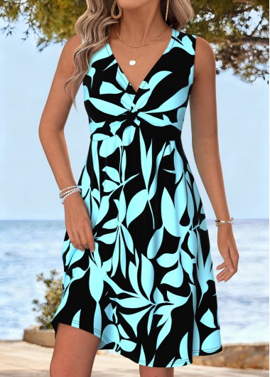 women clothes image of Cyan Leaf Print Short Tummy Coverage Sleeveless Dress