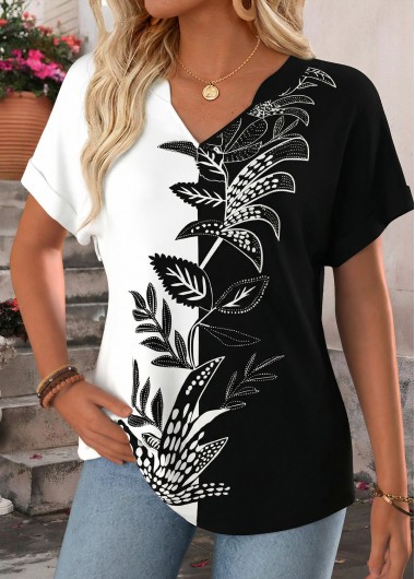women clothes image of Black Floral Print Tummy Coverage Short Sleeve T Shirt
