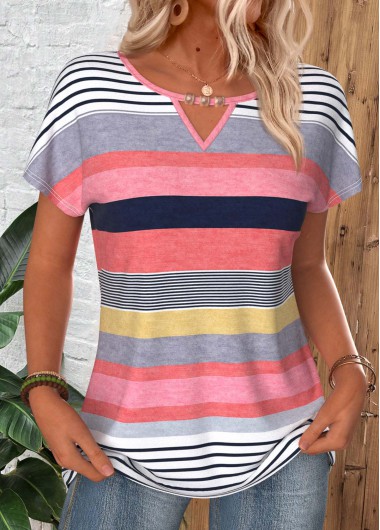 women clothes image of Multi Color Striped Tummy Coverage Short Sleeve T Shirt