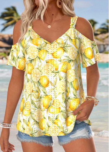 women clothes image of Light Yellow Fruit Printing Twist Short Sleeve T Shirt