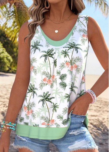 women clothes image of Green Tropical Plants Print Fake 2in1 Sleeveless Tank Top
