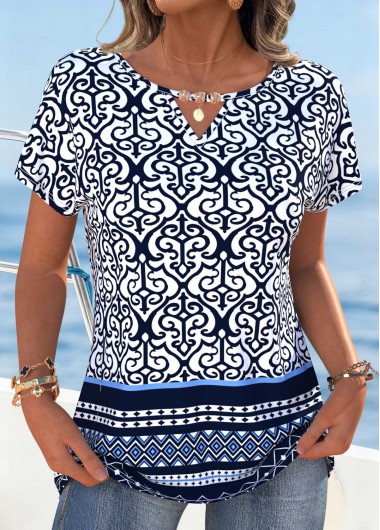 women clothes image of Navy Tribal Print Cut Out Short Sleeve T Shirt