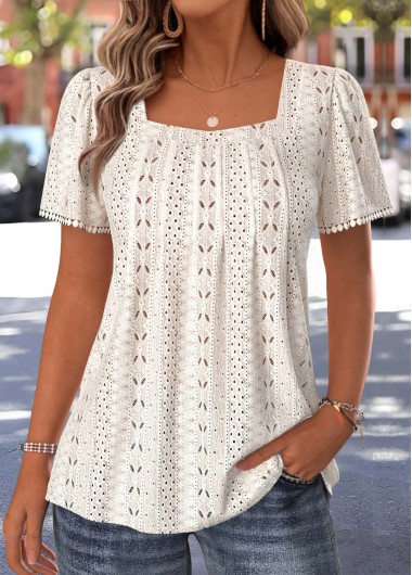 women clothes image of Beige Pleated Short Sleeve Square Neck T Shirt