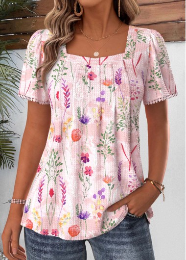 women clothes image of Light Pink Floral Print Pleated Short Sleeve T Shirt