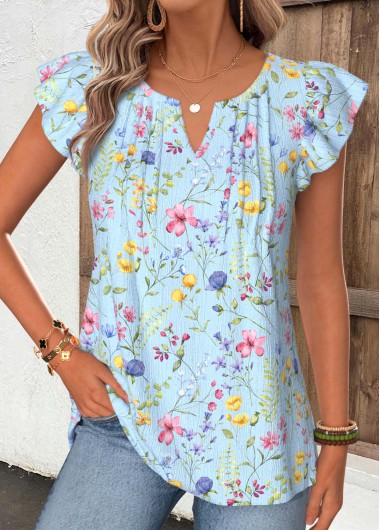 women clothes image of Light Blue Floral Print Tummy Coverage T Shirt