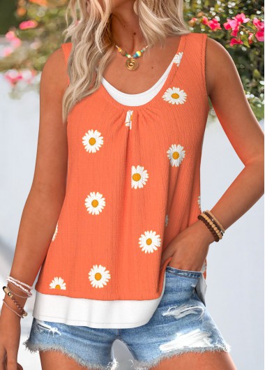 women clothes image of Orange Floral Print Fake 2in1 Sleeveless Tank Top