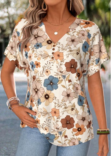 women clothes image of Light Coffee Floral Print Tummy Coverage T Shirt