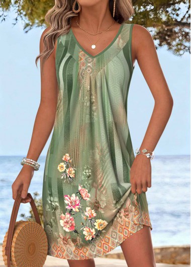 women clothes image of Sage Green Floral Print Short Tummy Coverage Sleeveless Dress