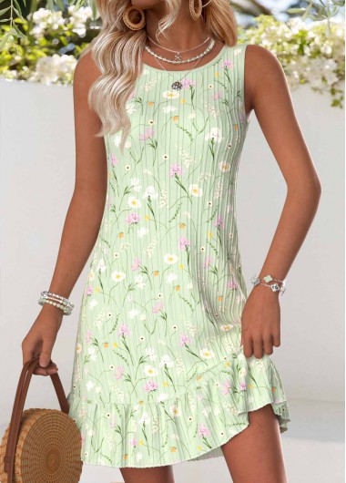 women clothes image of Light Green Floral Print Short Tummy Coverage Sleeveless Dress