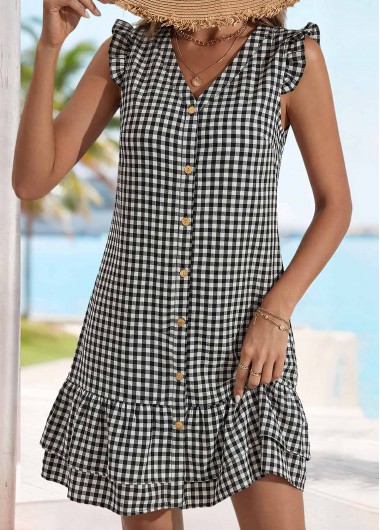 women clothes image of Black Plaid Short Tummy Coverage V Neck Dress