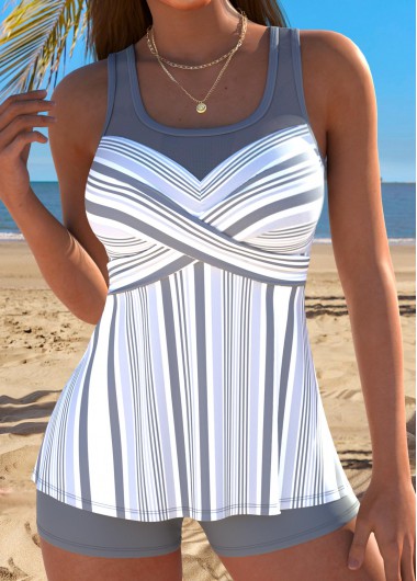 women clothes image of Grey Mid Waisted Tummy Coverage Striped Tankini Set