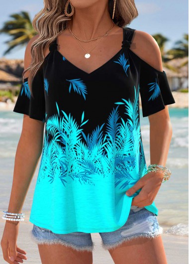 women clothes image of Cyan Tropical Plants Print Tummy Coverage T Shirt