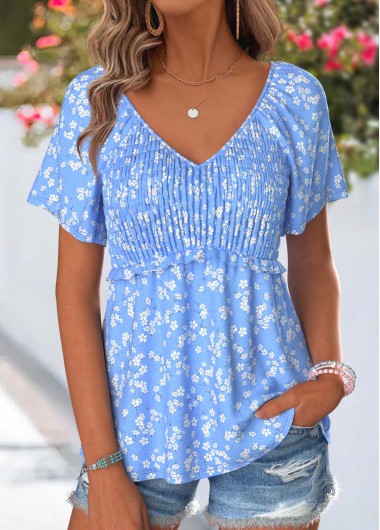 women clothes image of Dusty Blue Ditsy Floral Print Curved Hem T Shirt