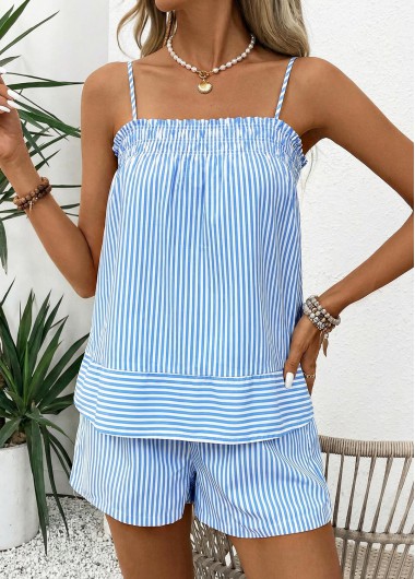 women clothes image of Blue Striped Tummy Coverage Sleeveless Camsiole and Shorts