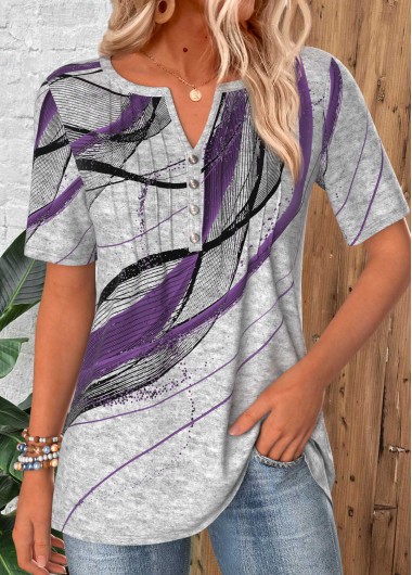 women clothes image of Light Grey Marl Geometric Print Tuck Stitch T Shirt