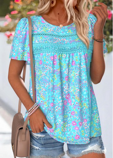 women clothes image of Cyan Ditsy Floral Print Curved Hem T Shirt