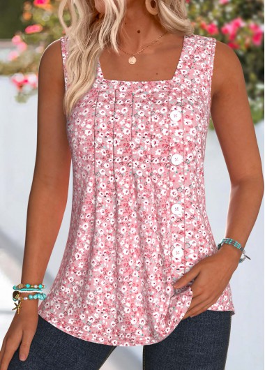 women clothes image of Pink Ditsy Floral Print Pleated Sleeveless Tank Top