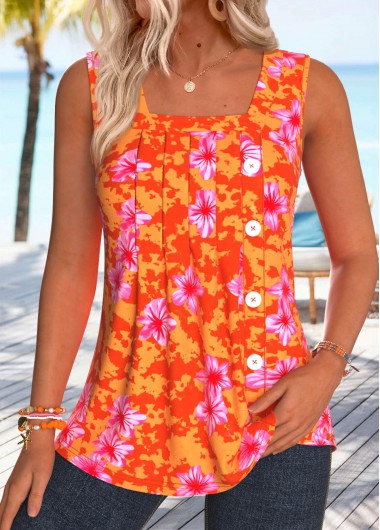 women clothes image of Orange Floral Print Pleated Sleeveless Square Neck Tank Top