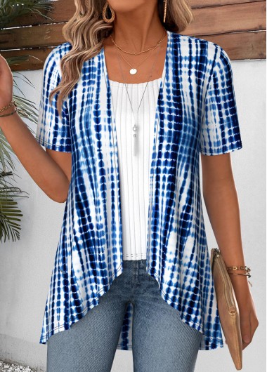 women clothes image of Blue Tie Dye Print Fake Two Piece Twinset