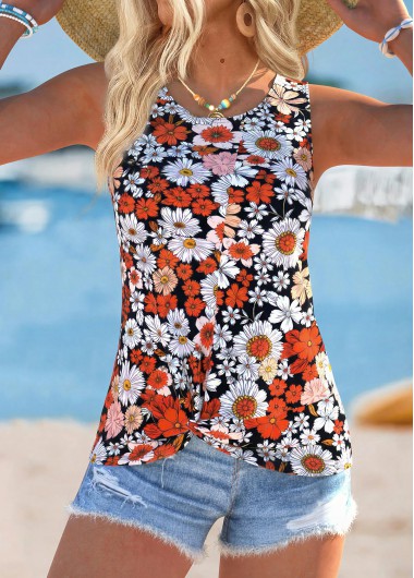 women clothes image of Multi Color Floral Print Tummy Coverage Sleeveless Tank Top
