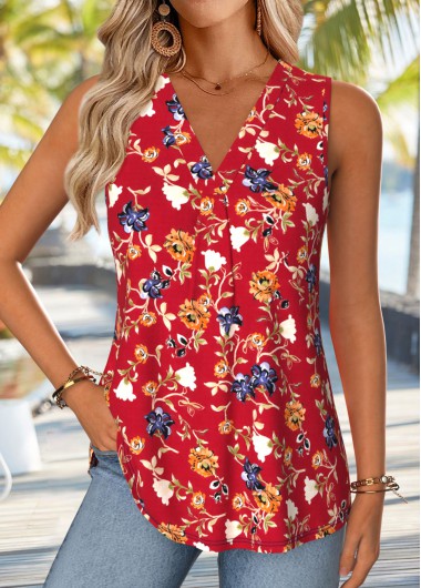 women clothes image of Red Floral Print Curved Hem Sleeveless Tank Top