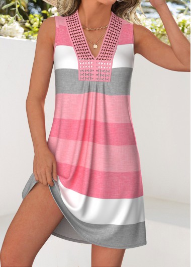 women clothes image of Pink Striped Short Tummy Coverage Sleeveless V Neck Dress