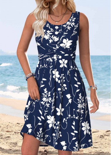 women clothes image of Navy Leaf Print Short Shirred Sleeveless Round Neck Dress