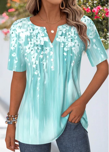women clothes image of Cyan Floral Print Tuck Stitch Short Sleeve T Shirt