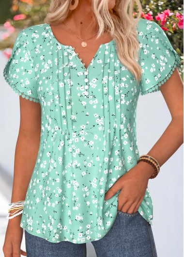 women clothes image of Light Green Floral Print Patchwork Short Sleeve T Shirt