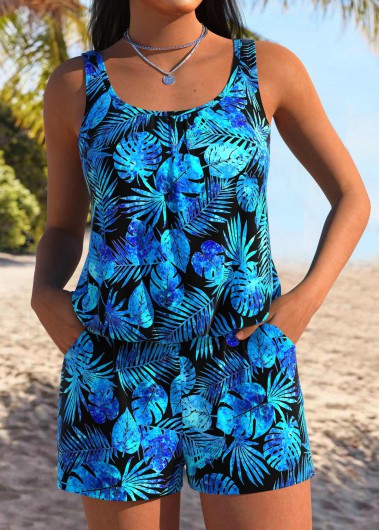 women clothes image of Blue Tummy Coverage Leaf Print One Piece Swimwear